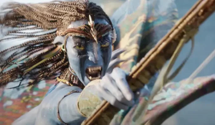 Screenshot of Avatar: Fire and Ash trailer showing Ash People and Pandora landscapes