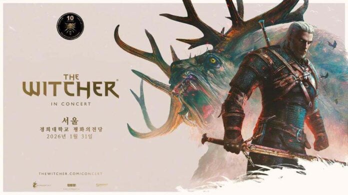 Live orchestra performing The Witcher in Concert Seoul 2026 with game visuals