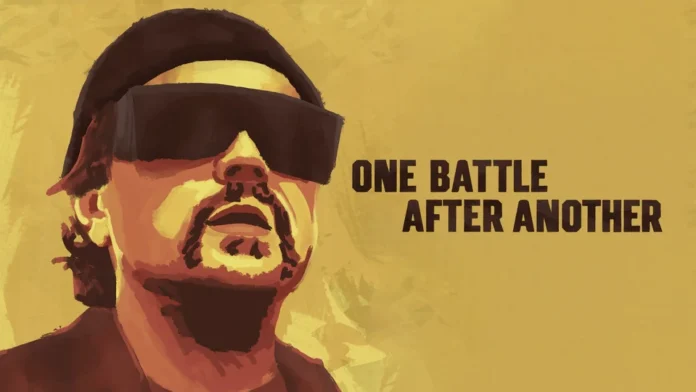 Leonardo DiCaprio in One Battle After Another movie promotional poster